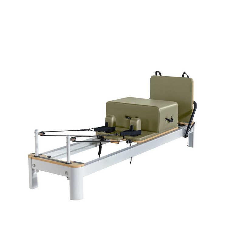 Core Collab The Queen Pilates Reformer - Customised by You in White Frame and Olive Upholstery Full View