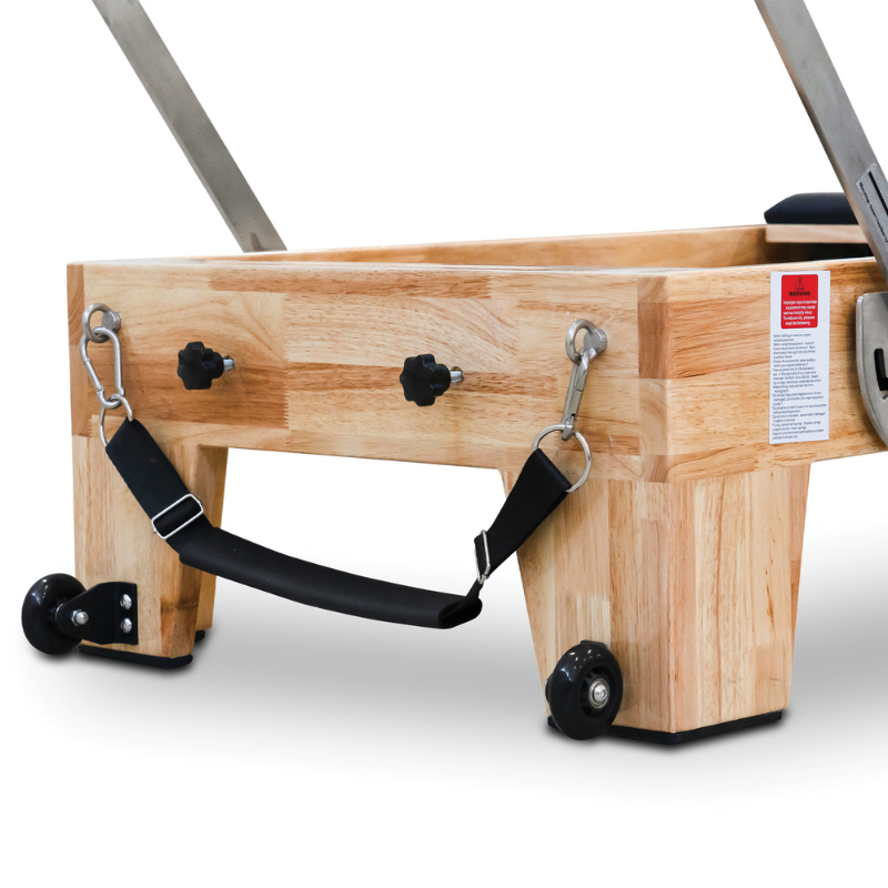 Close-up of the foot strap at the end of the Impact Fitness Oak Wood Pilates Reformer Machine