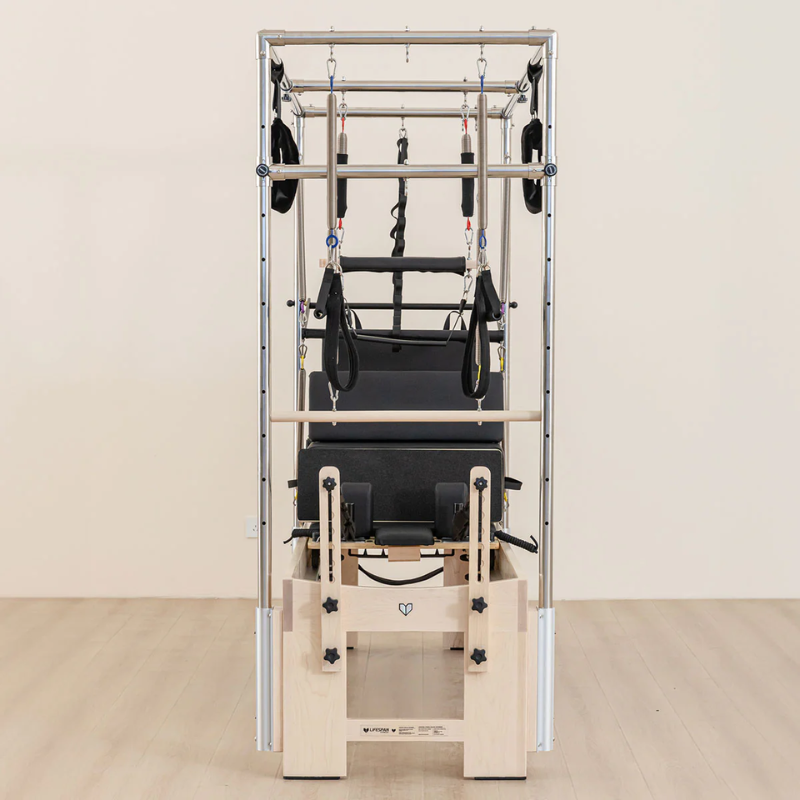 Front view of the Lifespan Fitness Contour Cadillac Pilates Reformer with Full Trapeze