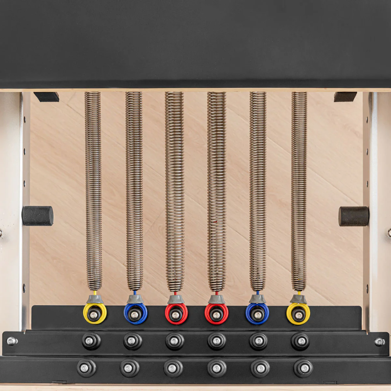 Birds eye view of the springs on Lifespan Fitness Contour Pilates Reformer with Full Trapeze Table