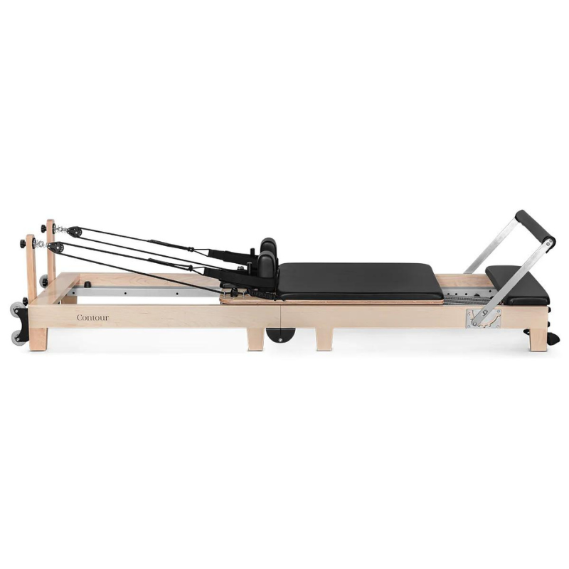 Side view of the Contour folding wooden pilates reformer machine in Black
