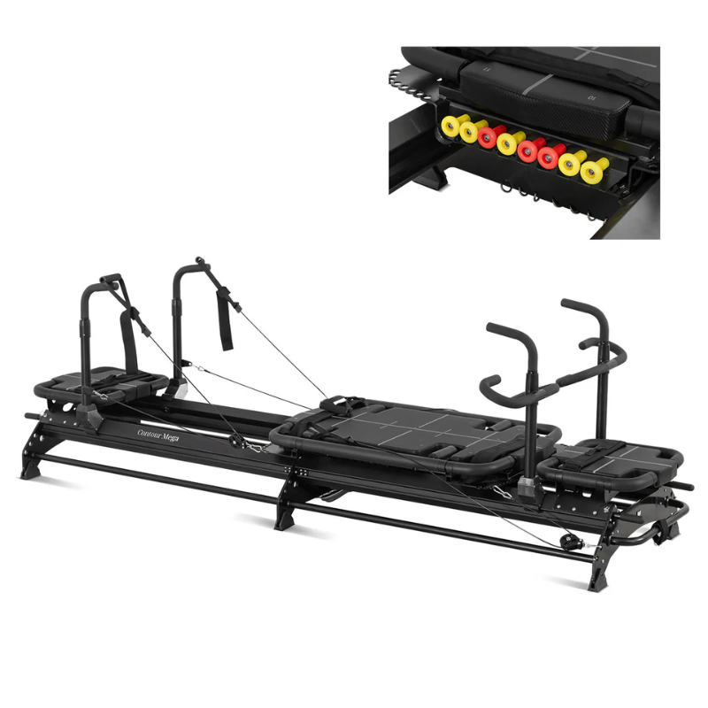 Side view of the Lifespan Fitness Contour Megaformer-Style Reformer with close-up of springs in top right corner