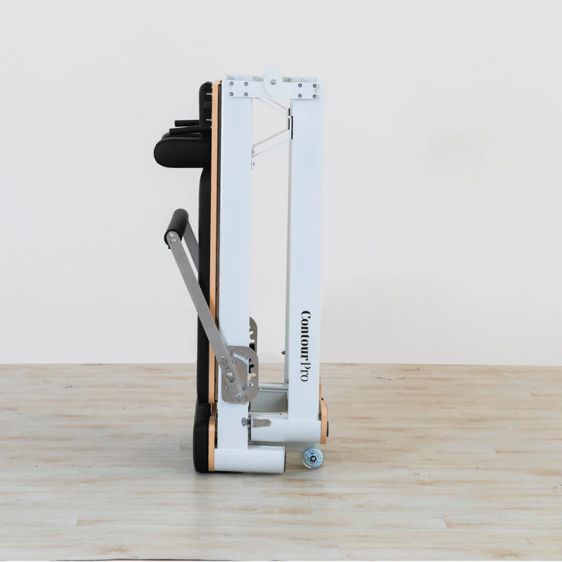 Side view of the Lifespan Fitness Contour Pro Aluminium Folding Pilates Reformer Machine in Black folded upright
