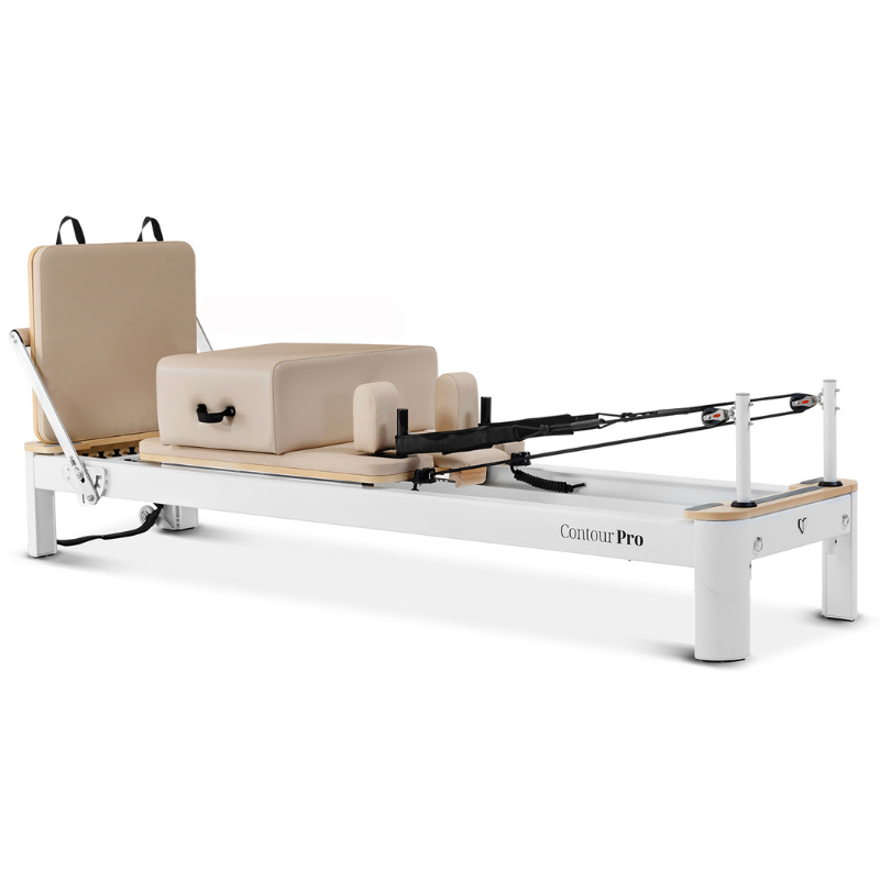 Main shot of the lifespan fitness contour pro studio aluminium reformer pilates bed set in Beige colour