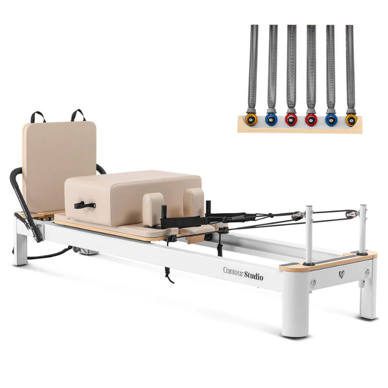 Full shot of the Lifespan Fitness Contour Studio Commercial Pilates Reformer Machine in Beige with cropped close-up of its six springs in the top corner