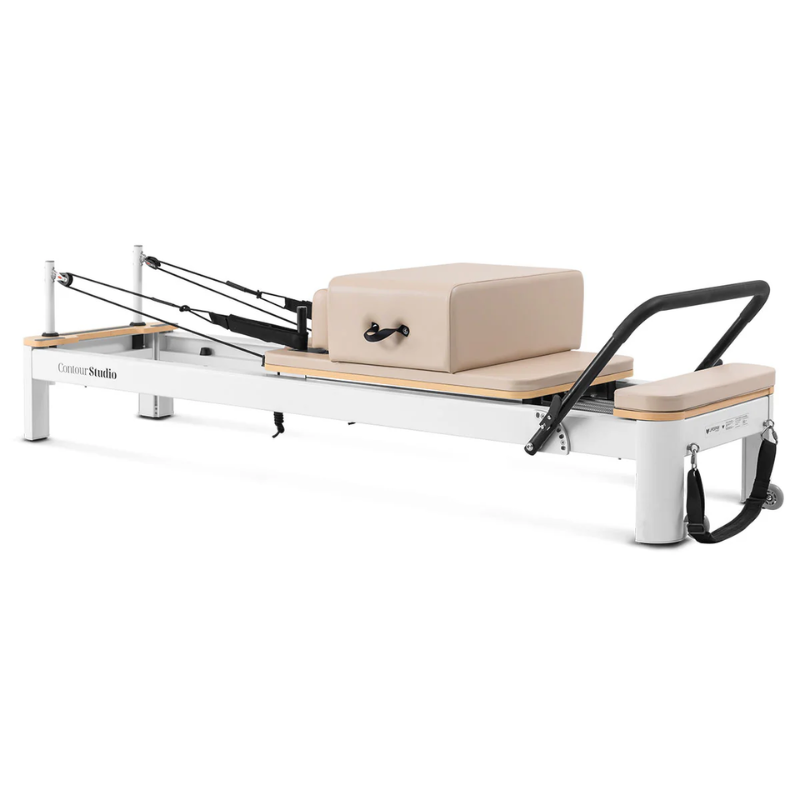 Front side angle view of the Lifespan Fitness Contour Studio Commercial Pilates Reformer Machine in Beige colour
