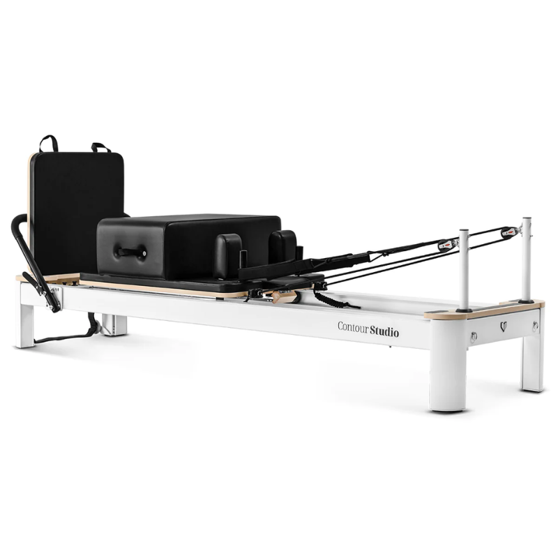Back side angle view of the Lifespan Fitness Contour Studio Commercial Pilates Reformer Machine in Black colour