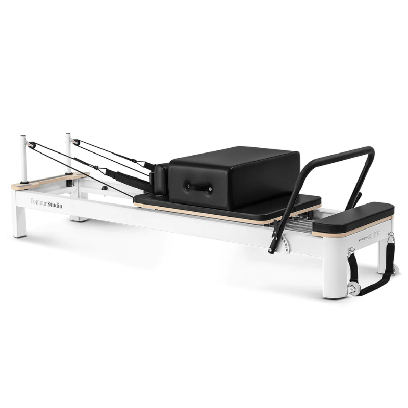 Front side angle view of the Lifespan Fitness Contour Studio Commercial Pilates Reformer Machine in Black colour