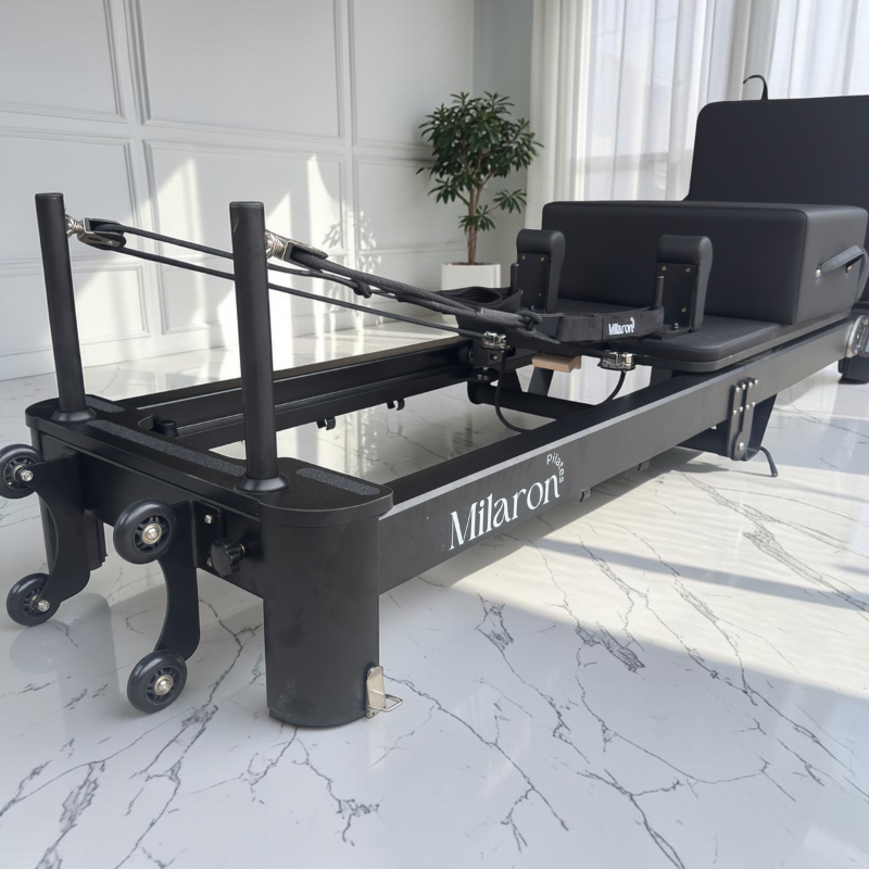 Back view of the Milaron Pearl V3 Foldable Pilates Reformer in Noir