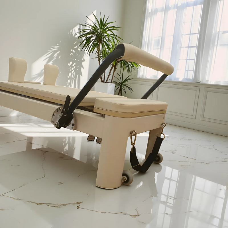 Front view of Milaron Pearl V3 Studio Reformer Pilates Machine in Creme