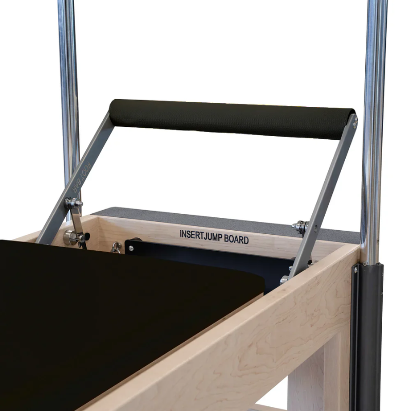 Front view of the footbar on Reeplex Cadillac Pilates Reformer with Full Trapeze V2