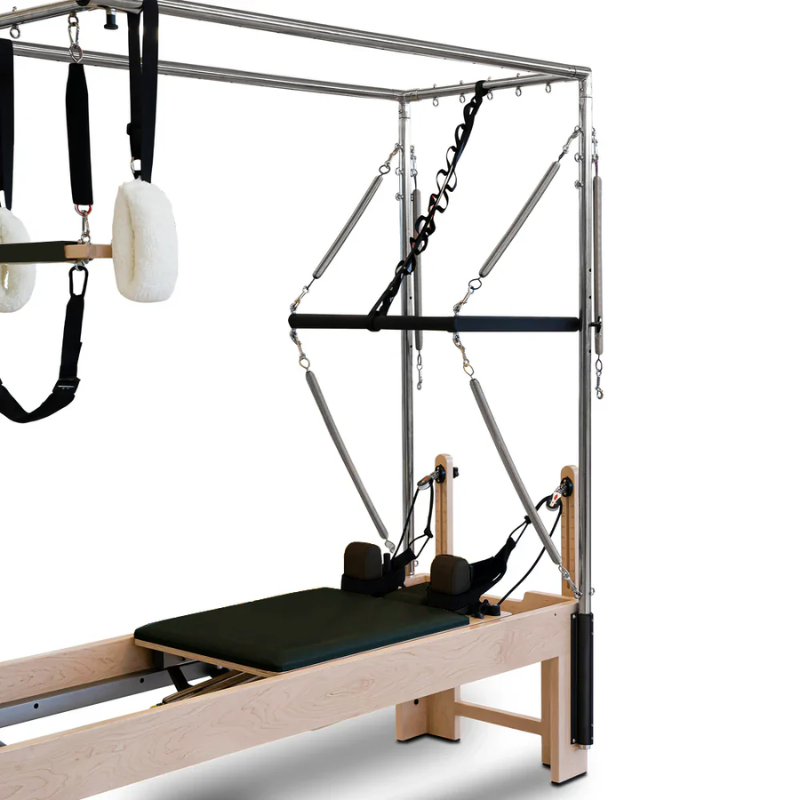 Closer view of the push-through bar on the Reeplex Cadillac Pilates Reformer with Full Trapeze V2
