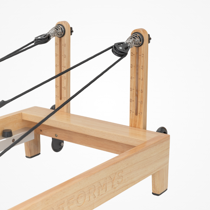 Close-up of the pulley risers on the Reformys Cloud Foldable Pilates Reformer in Black