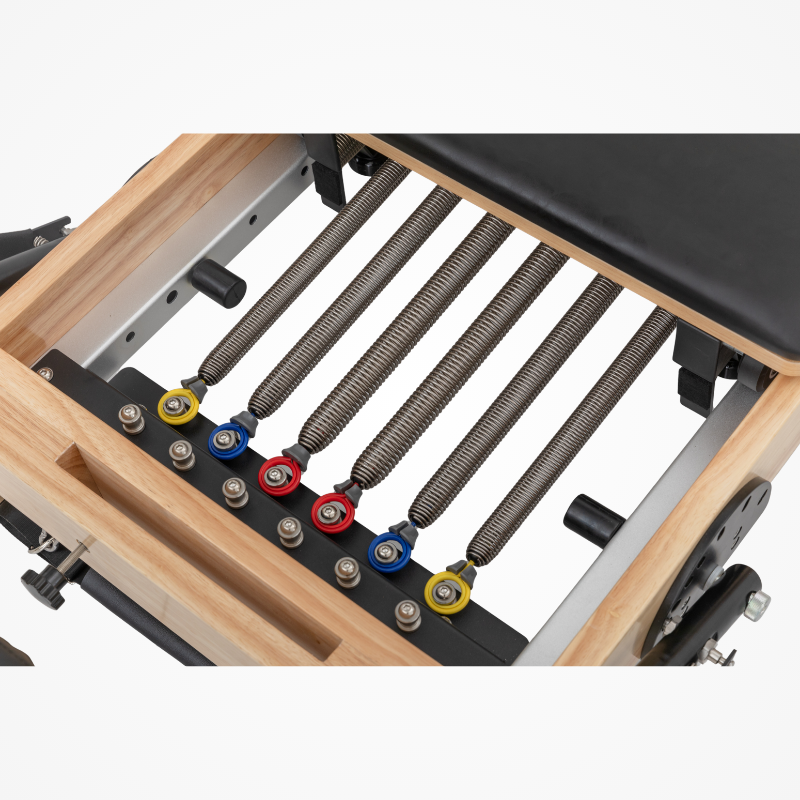 Close-up of the springs on Reformys Cloud Folding Pilates Reformer in Black