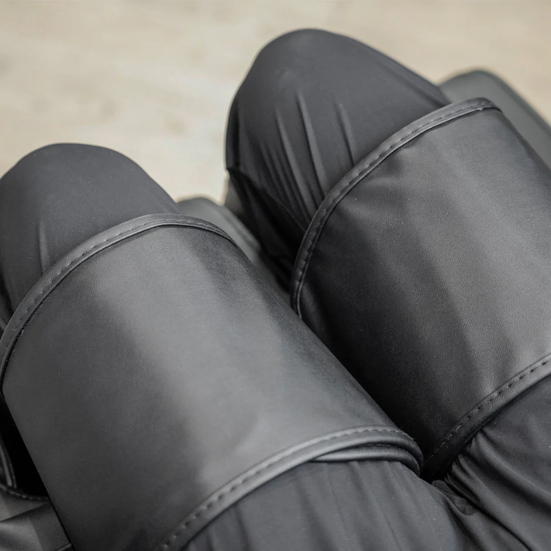 Close-up of the leg straps on the ReGen8 LuxCloud Air Zero Gravity Heated Massage Chair in Black