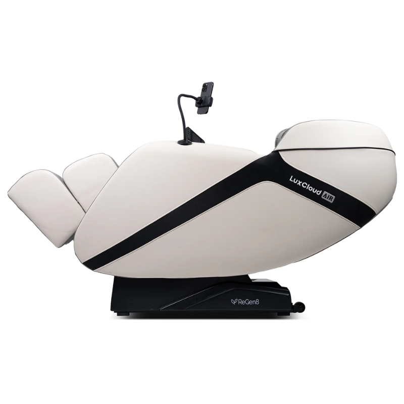 Side view of the ReGen8 LuxCloud Air Zero Gravity Heated Massage Chair while it's tilted back