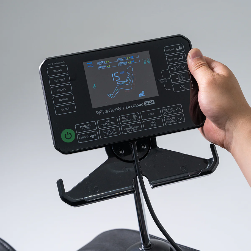 Close-up of the control panel on the ReGen8 LuxCloud Glide Zero Gravity Heated Massage Chair