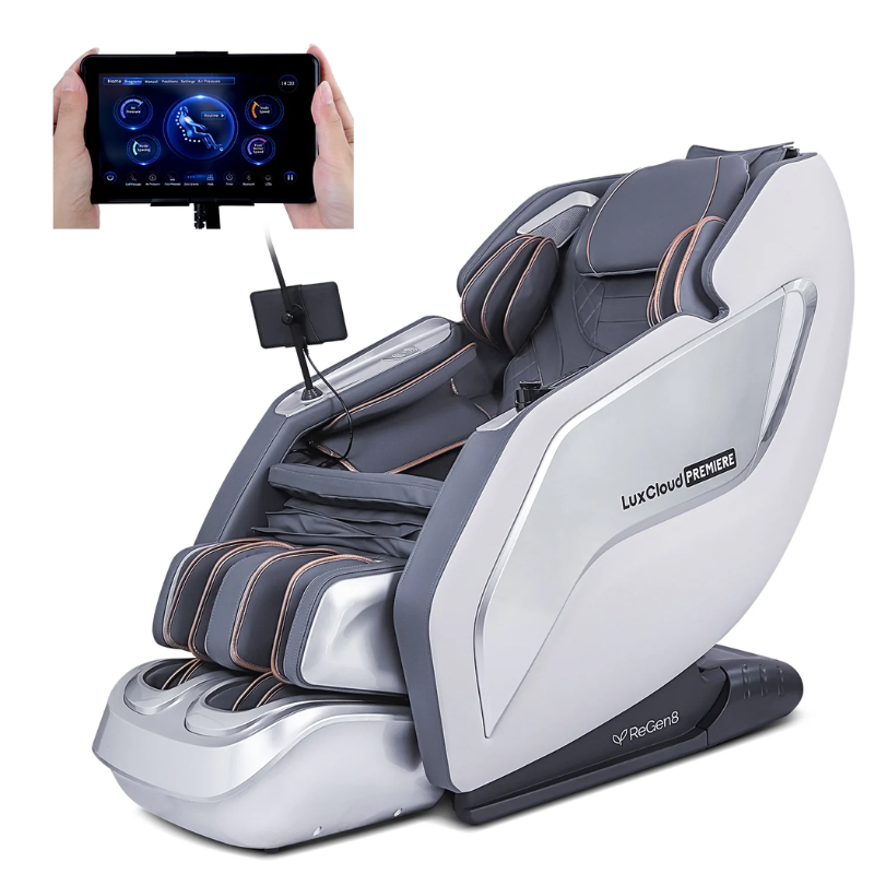 Side three-quarter view with a remote panel screen of the Regen8 LuxCloud Premiere Premium Zero Gravity Massager Chair