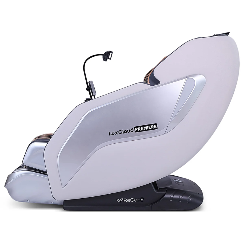 Side view in neutral position of the Regen8 LuxCloud Premiere Premium Zero Gravity Massage Reclining Chair with Dual SL Rollers