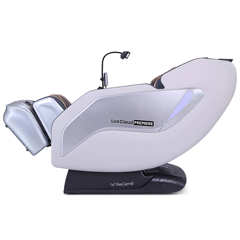Side view in zero gravity position of the Regen8 LuxCloud Premiere Premium Recliner Massage Chair
