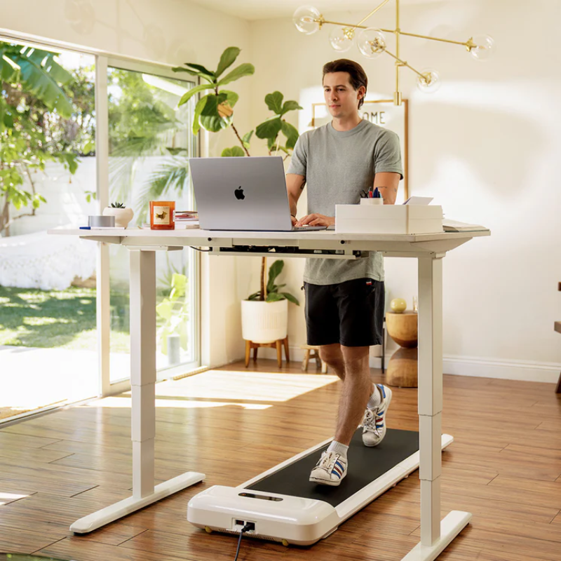 Man working on a stand-up desk and walking on the WalkingPad C2 Compact Folding Treadmill in White
