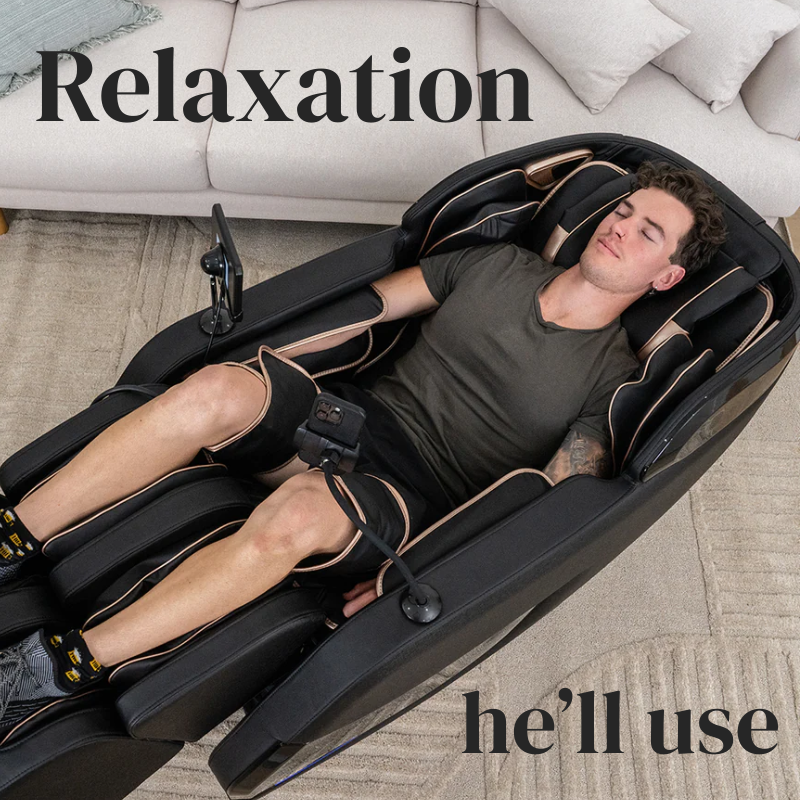 Man relaxing on the ReGen8 LuxCloud Glide Zero Gravity Massage Chair with text 'Relaxation he'll use'