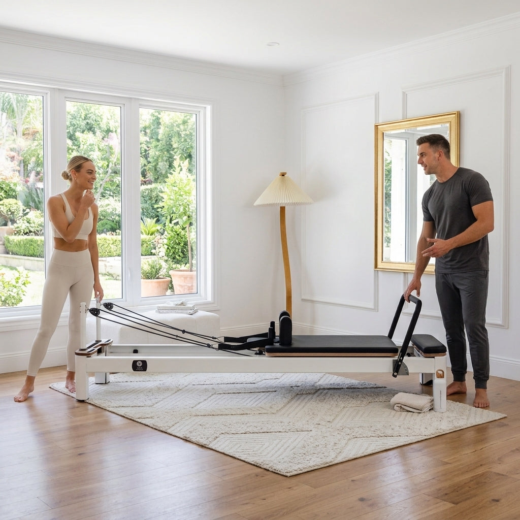 Woman and man couple standing by the Core Collab Queen Studio Pilates Reformer