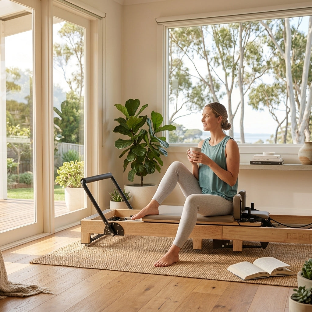 Woman relaxing at home on her Reformys Cloud Assisted Folding Pilates Reformer