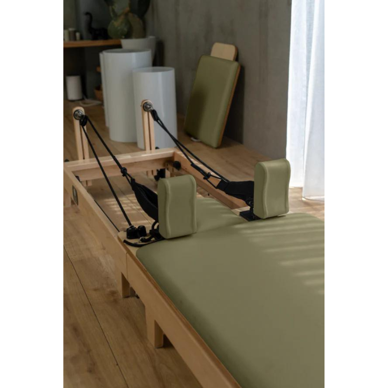 Core Collab Foldable Eco Pilates Reformer - Customised by You in Olive - Close-up View