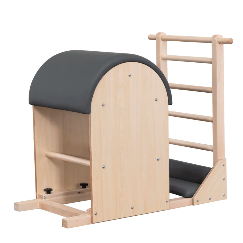Three-quarter back side angle view of the Core Collab Pilates Ladder Barrel