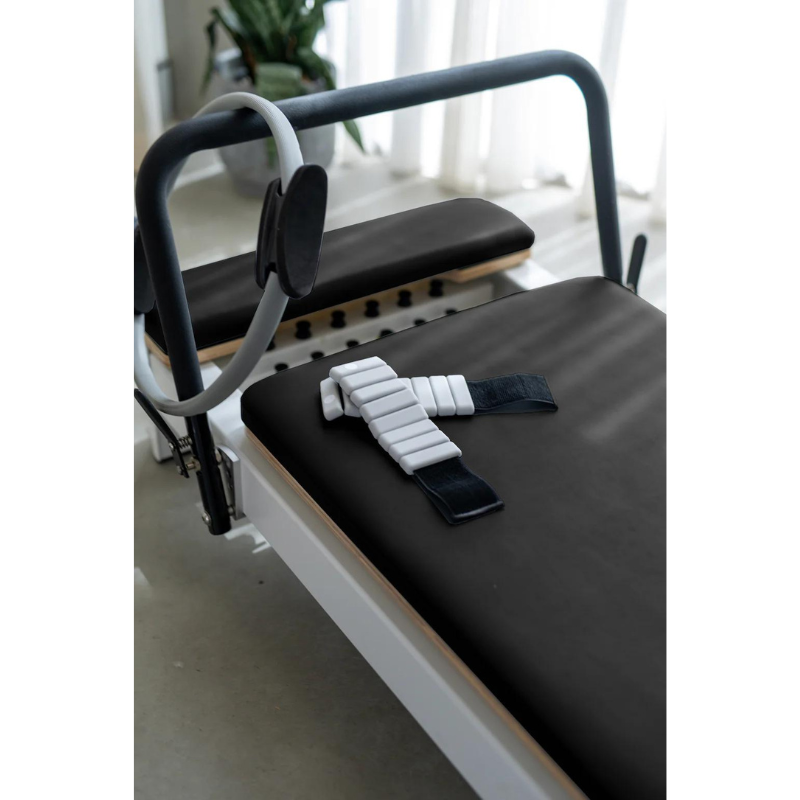 Core Collab The Queen Pilates Reformer - Customised by You in White Frame and Black Upholstery Close-up View