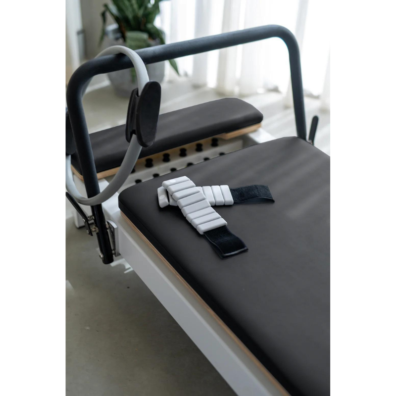 Core Collab The Queen Pilates Reformer - Customised by You in White Frame and Grey Upholstery Close-up View