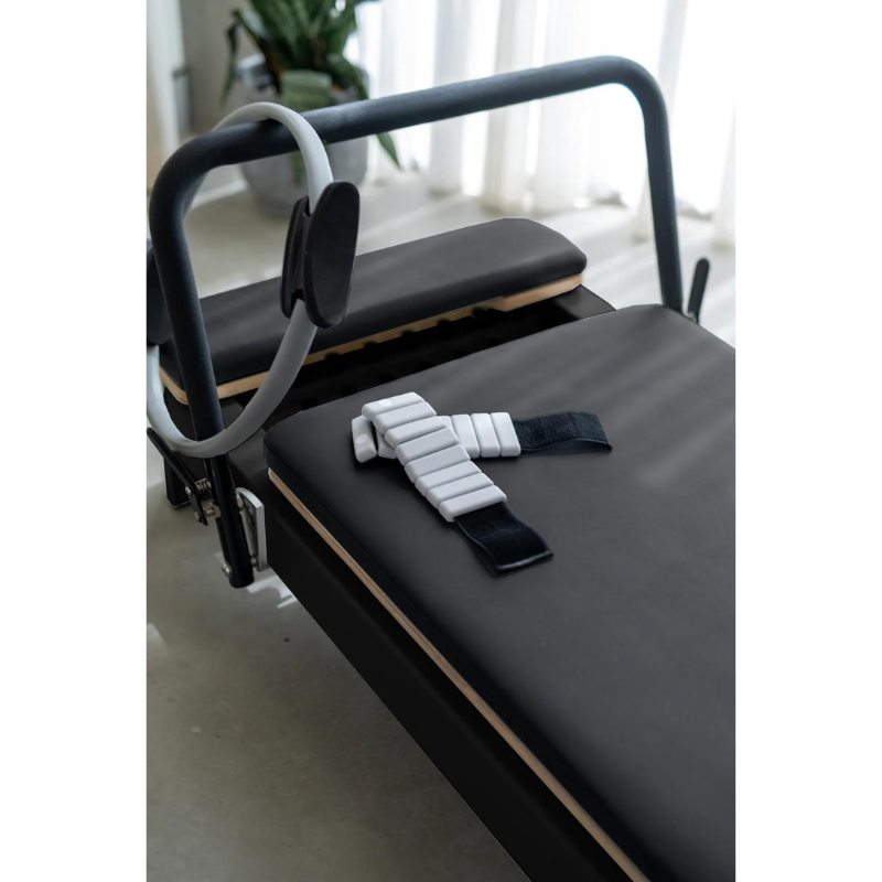 Core Collab The Queen Pilates Reformer - Customised by You in Black Frame and Black Upholstery Close-up View