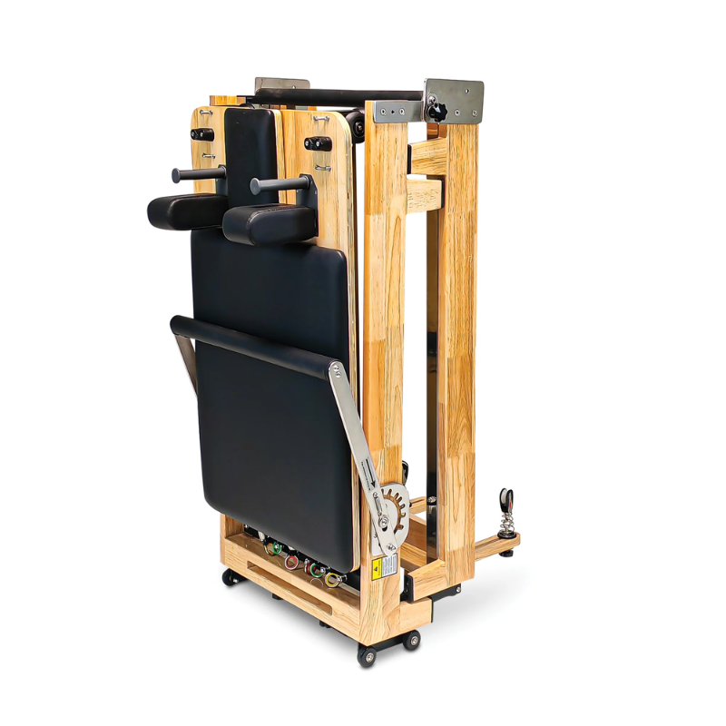 Impact Fitness Foldable Pilates Machine for Reformer in Black colour and folded upright