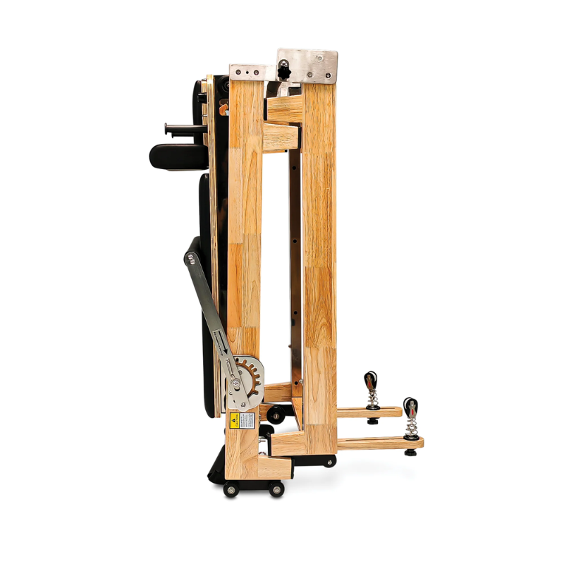 Side view of the Impact Fitness Folding Reformer Pilates Equipment in Black colour and folded upright