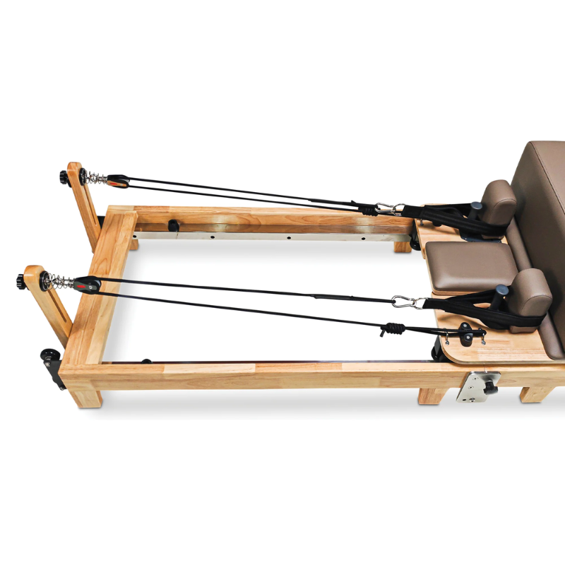 Close-up of the rope pulleys on the Impact Fitness Foldable Pilates Reformer in Mocha colour