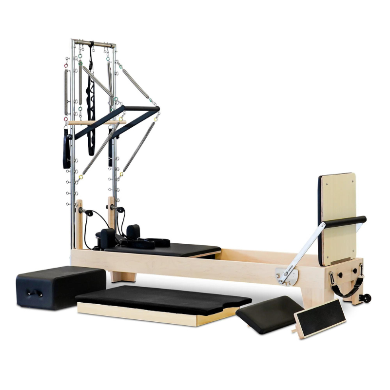 Full main shot of the Impact Fitness Pilates Reformer Pro Maple Wood with Half Trapeze Tower