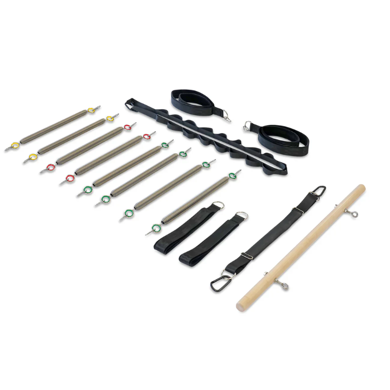 Flatlay of all attachments and parts for the tower on Impact Fitness Pilates Reformer with Half Trapeze Tower