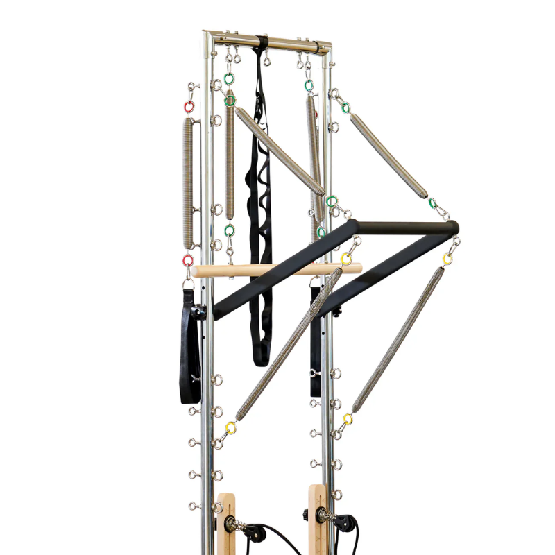 Close-up of the tower and its attachments on the Impact Fitness Pilates Reformer with Half Trapeze Tower
