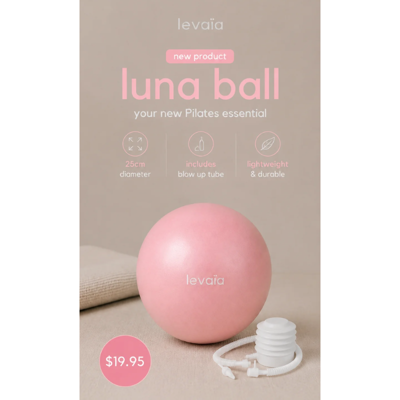 levaïa luna Soft Pilates Ball in Blush beside an inflation tube, with text highlighting its 25cm diameter, lightweight and durable design, and $19.95 price.