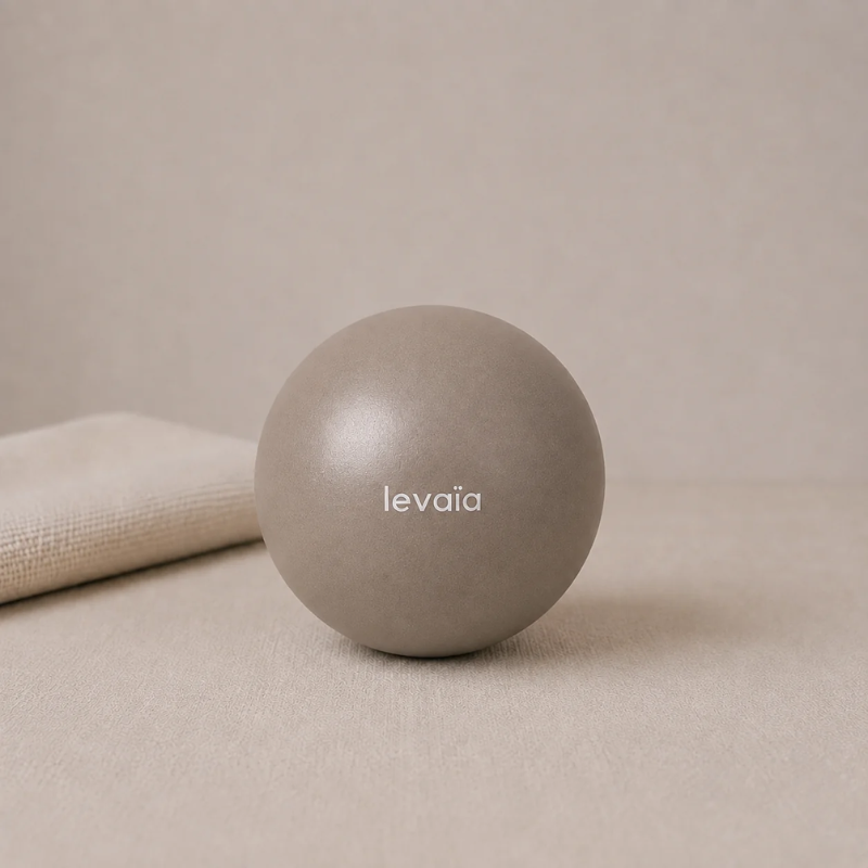levaïa luna Soft Pilates Ball in Taupe, resting on a beige surface beside a folded towel.