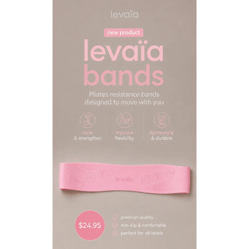 levaïa Blush Pilates resistance band promotional graphic showing $24.95 and claims of strengthening, improved flexibility, lightweight durability, premium quality, non-slip comfort and suitability for all levels.