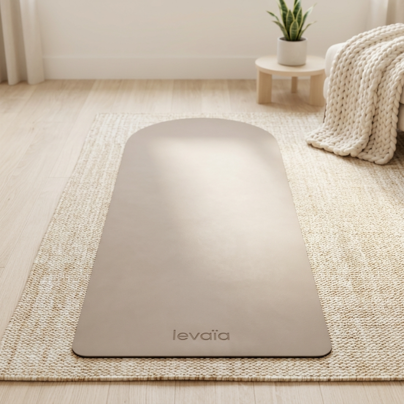 levaïa Pilates & Yoga Mat in Taupe, viewed straight on atop a textured living room rug, with its arched top and levaïa logo visible.