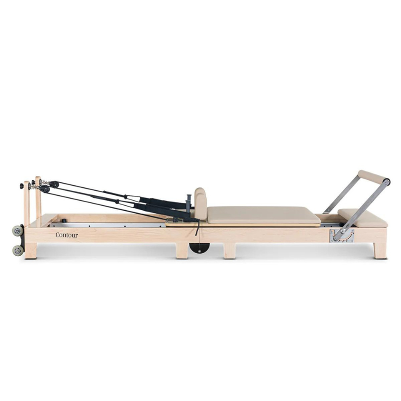 Side view of the Lifespan Fitness Contour Folding Wooden Pilates Reformer Machine in Beige