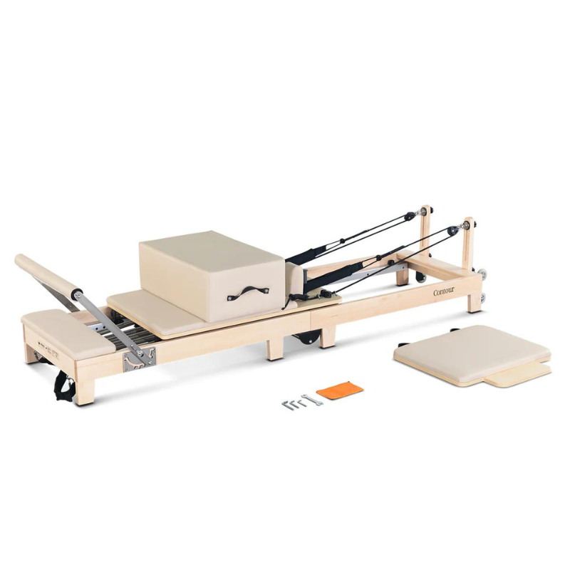 Lifespan Fitness Contour Folding Wooden Pilates Reformer Machine in Beige and all its accessories