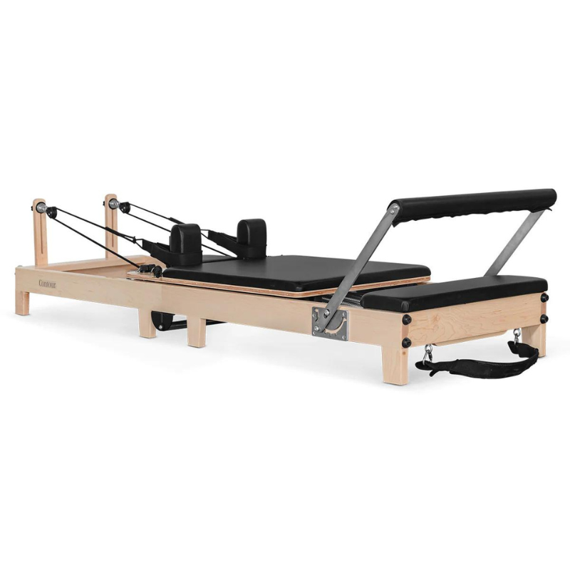 Front angle view of the Lifespan Fitness Contour Folding Wooden Pilates Reformer Machine in Black