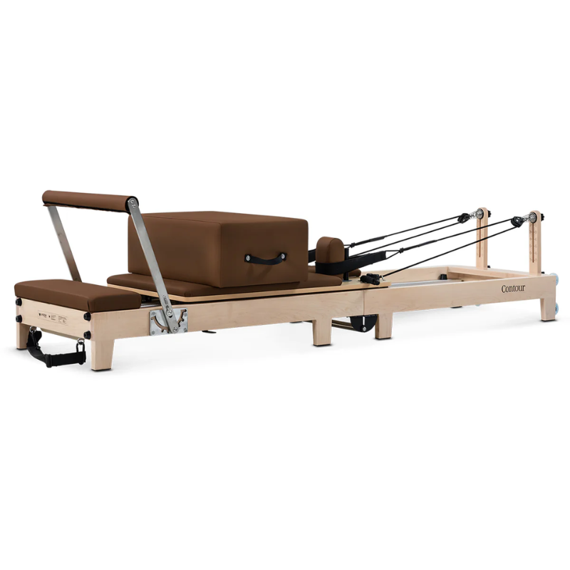 Front side angled view of the Lifespan Fitness Contour Folding Wooden Pilates Reformer Machine in Espresso colour