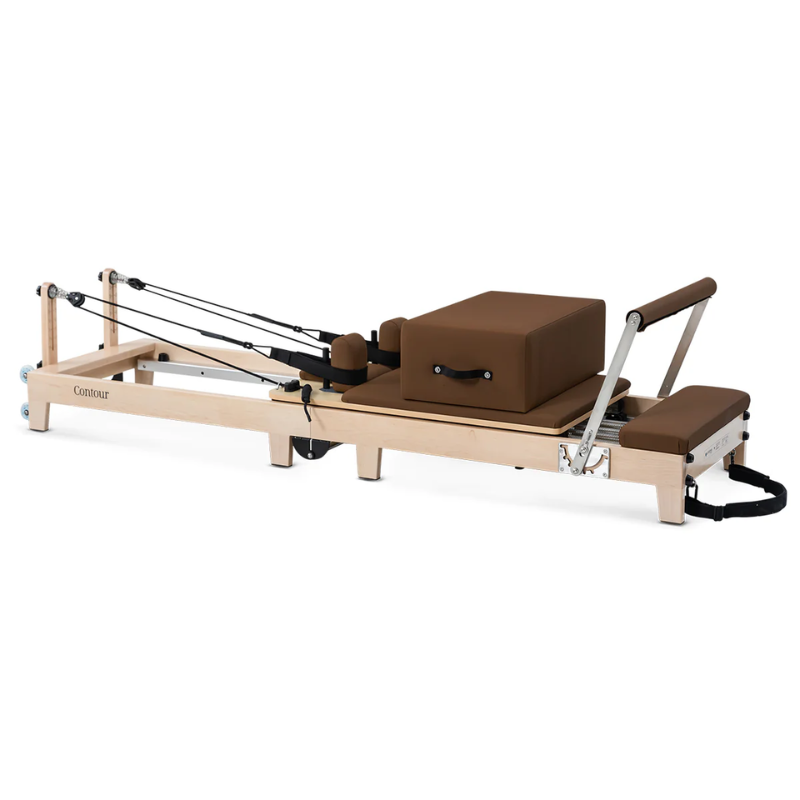 Right side view of the Lifespan Fitness Contour Folding Wooden Pilates Reformer Machine in Espresso colour