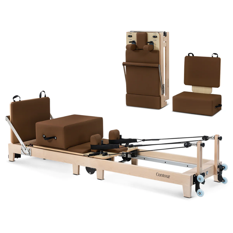 Lifespan Fitness Contour Folding Wooden Pilates Reformer Machine in Espresso colour in folded out and up states with accessories of jumpboard and sitting box.