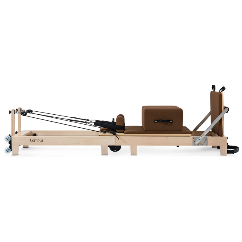 Side view of the Lifespan Fitness Contour Folding Wooden Pilates Reformer Machine in Espresso colour